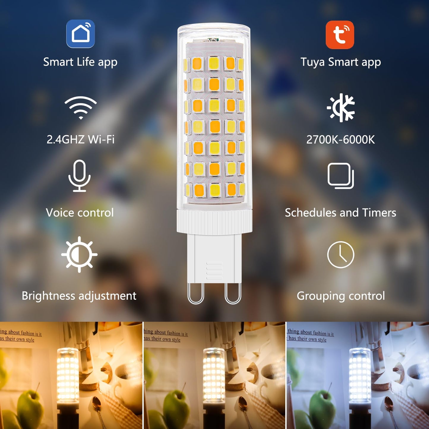 3Pack Dimmable Wi-Fi Smart LED Bulbs with G9 Base,Compatible with Amazon Alexa and Google Assistant-Warm to Cool White(2700K-6000K),Adjustable