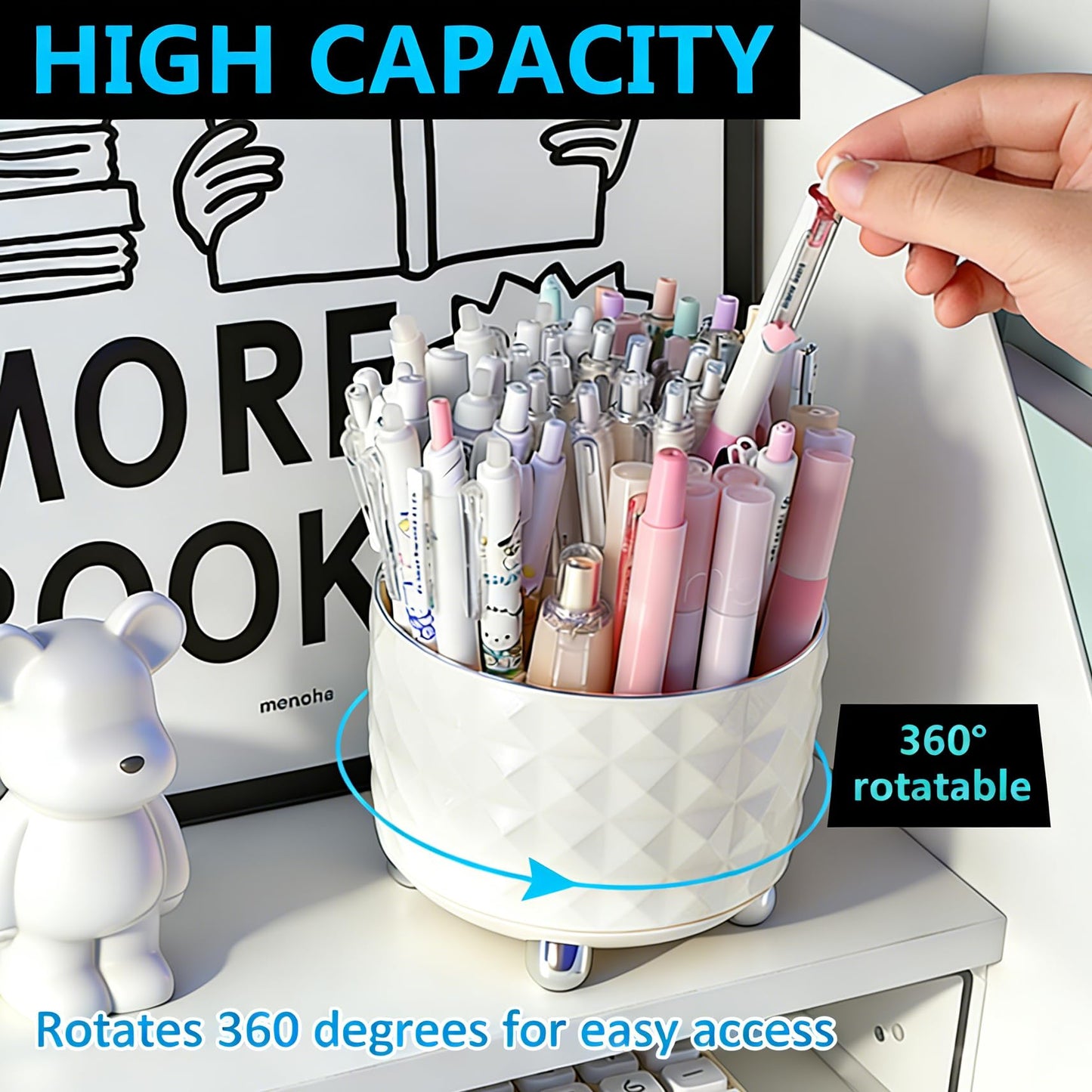 GOTOBA 360° Rotating Pencil Holder for Desk, Makeup Brush Holder with 6 Slots, Desk Organizer for Writing Utensil, Office and School Supplies (Milky