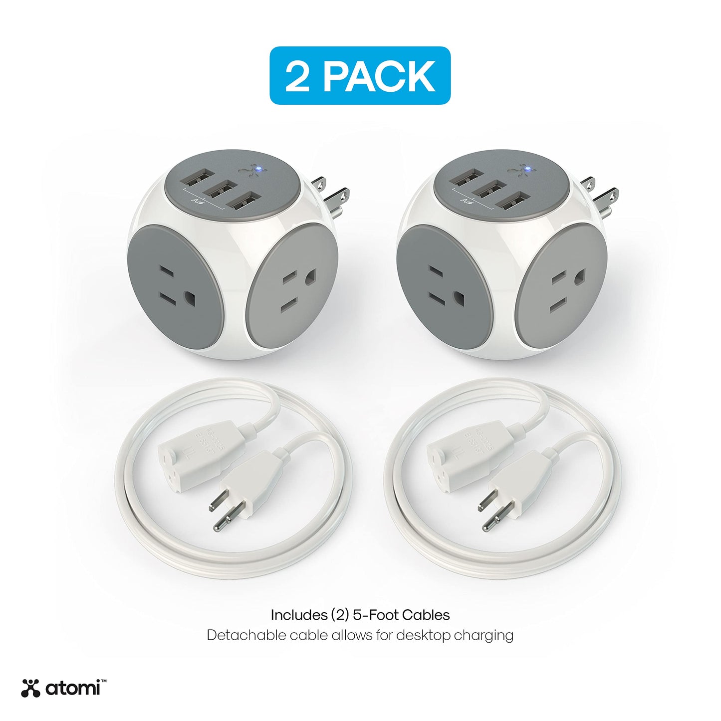 Atomi Power Cube 2-Pack - 3AC Outlets + 3 Smart USB Ports + 5-ft. Cable