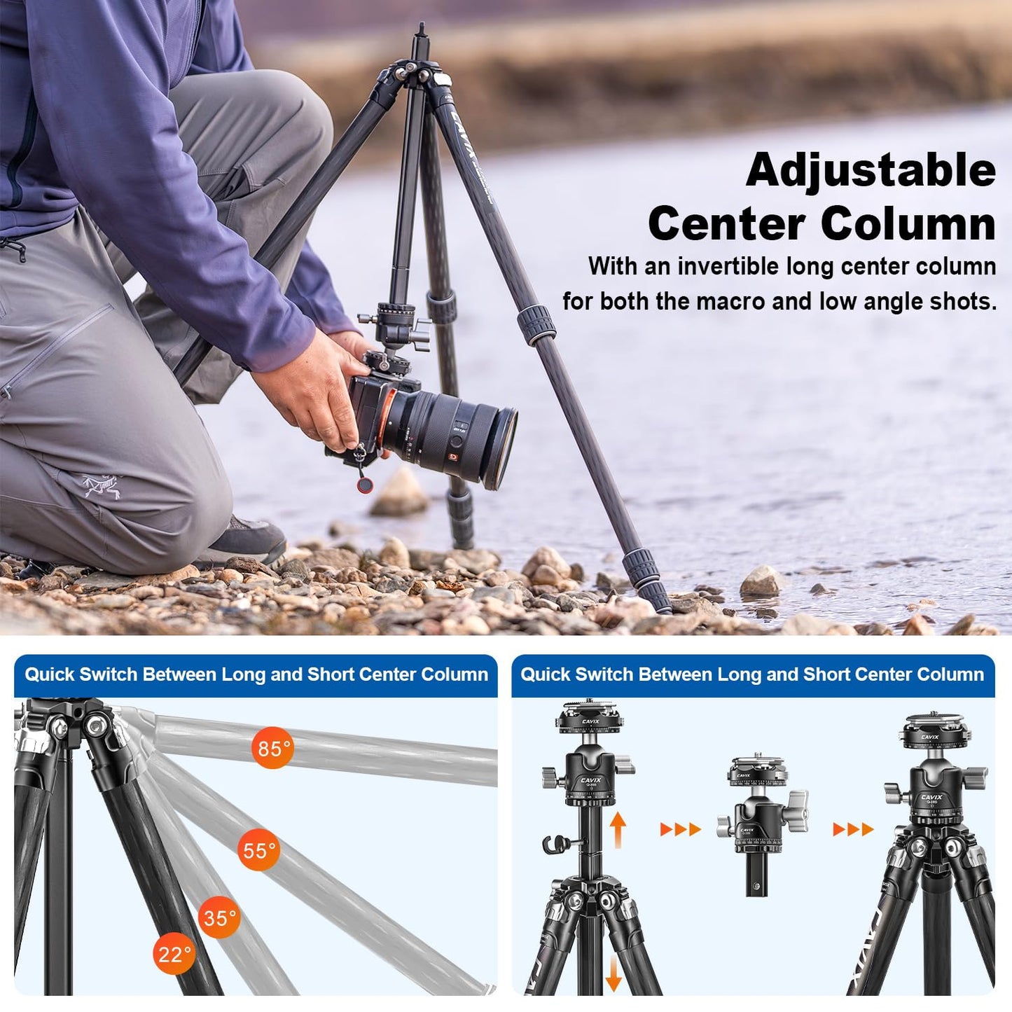 CAVIX 57"/145cm Carbon Fiber Tripod, Lightweight Tripod for Camera, 360° Panorama Tripod Ball Head, 1/4" Arca QR Plate, Travel Tripod Monopod for DSLR