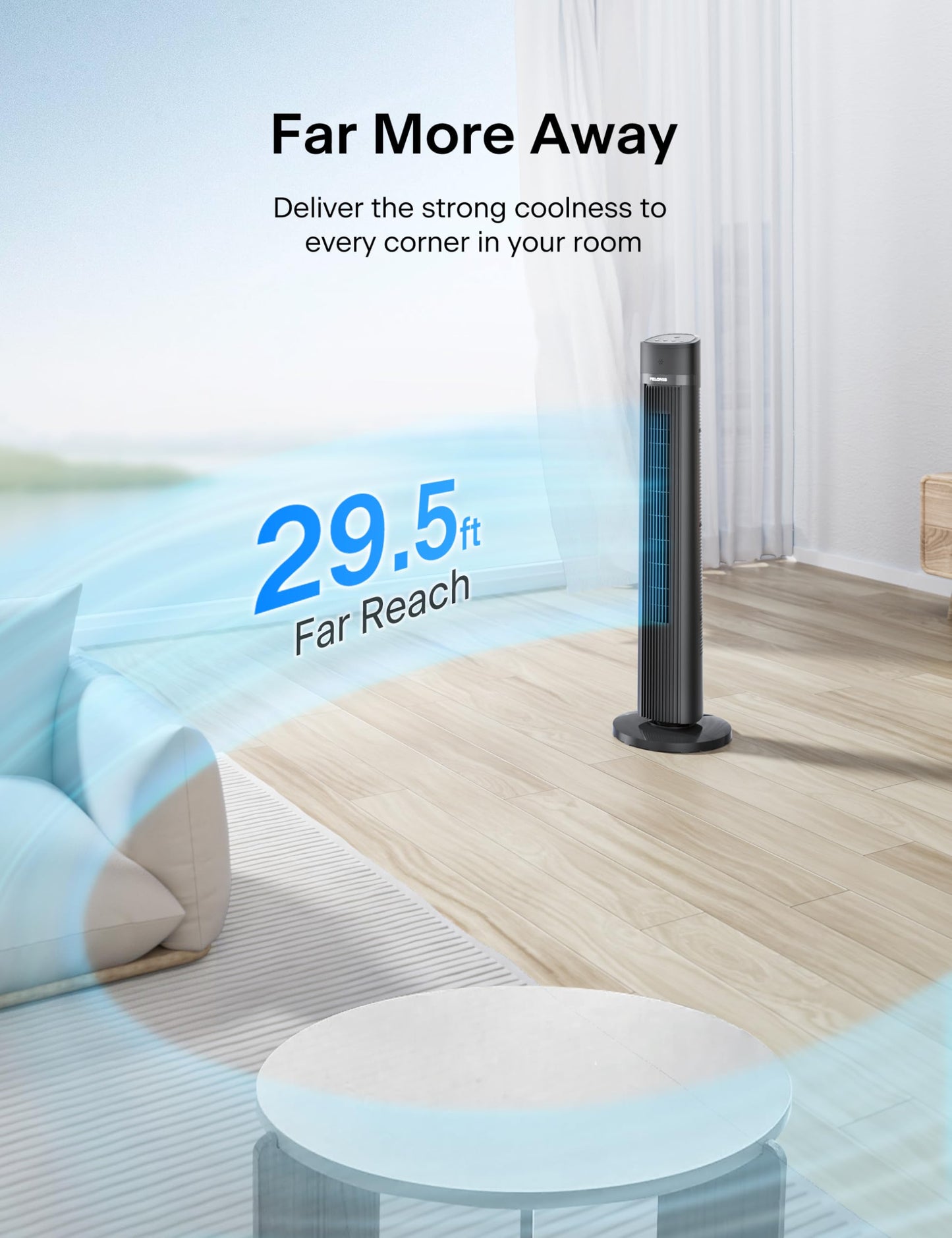 PELONIS 40 inch Bladeless Tower Fan for Bedroom, Standing Fan with Remote Control, 26ft/s, 90° Oscillation, 3 Speed Settings, 27 Db, 3 Modes, 15-Hour