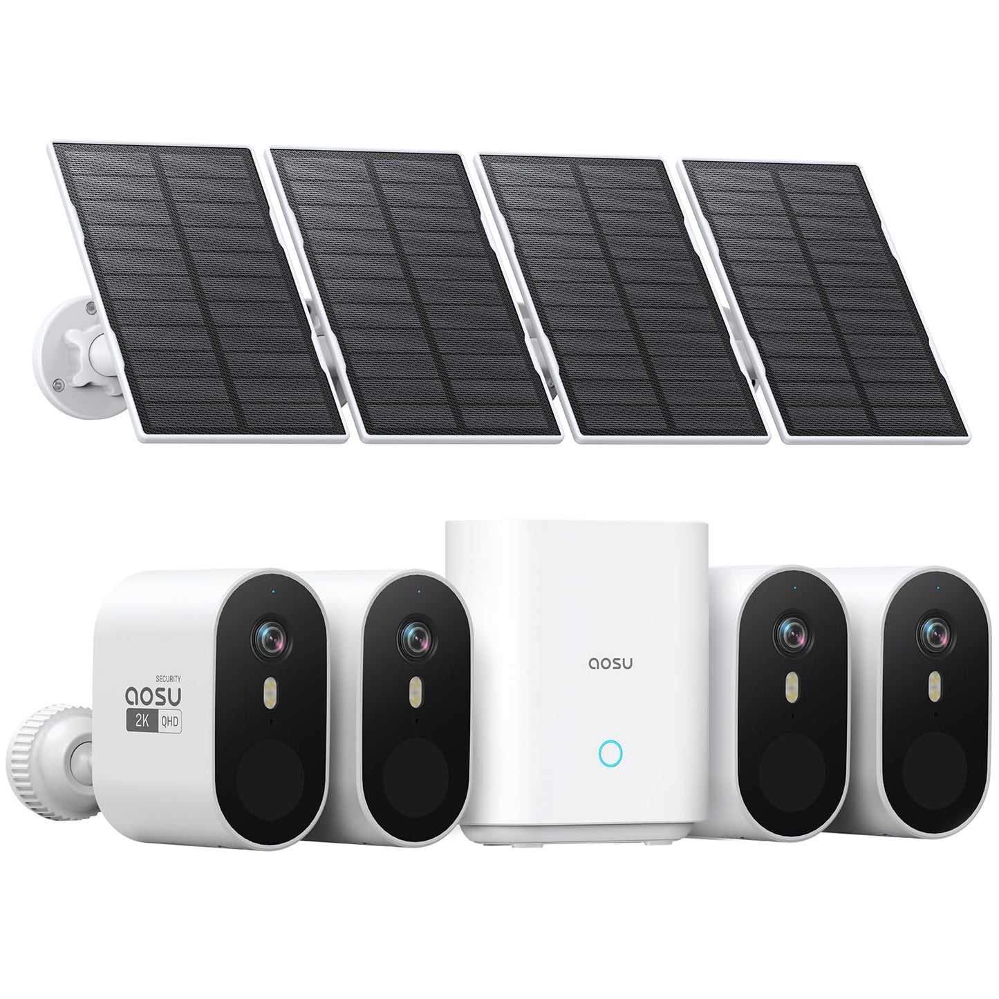 aosu Solar Security Cameras Wireless Outdoor, 4-Cam Kit, 2K QHD Home Security System with 166° Ultra-Wide Angle, Color Night Vision, 60 Days aosuBase