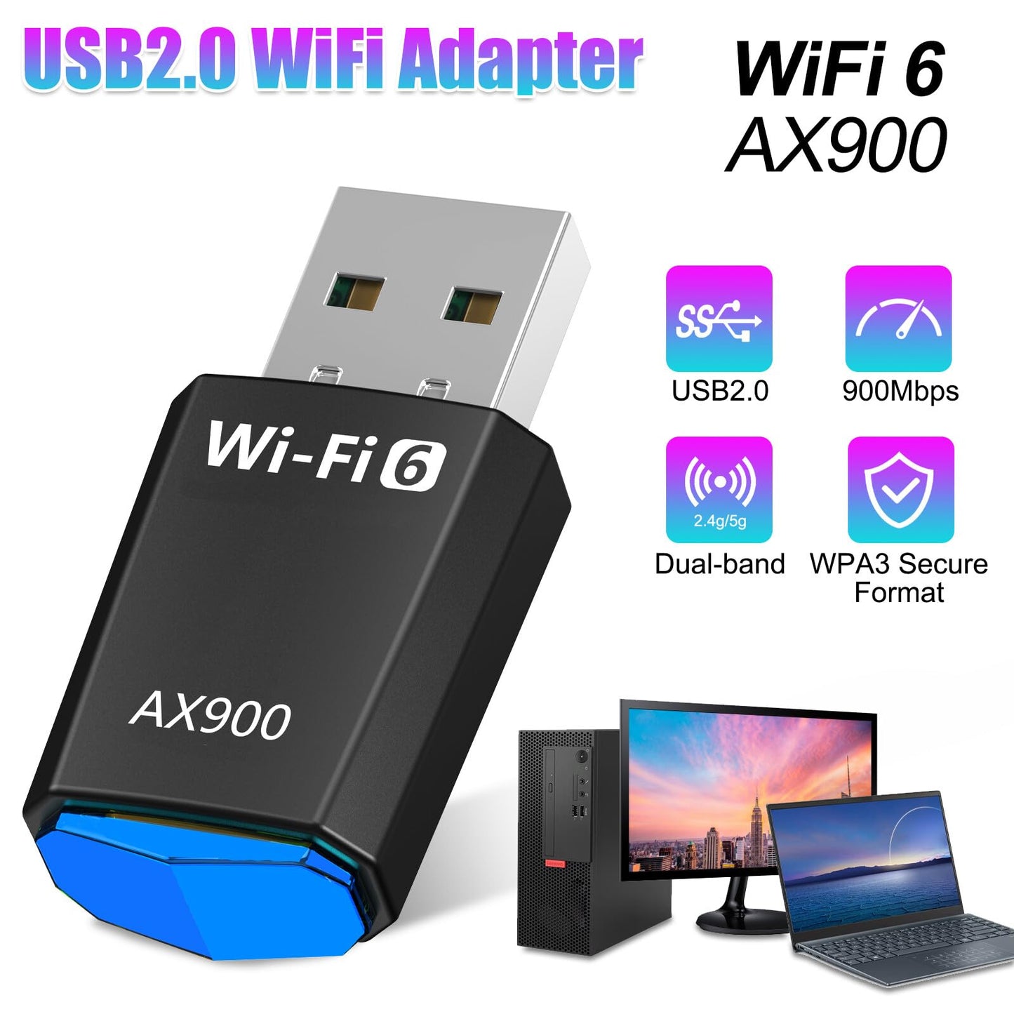 2PCS WiFi 6 USB Adapter 900Mbps Dual-Band (2.4GHz/5GHz) Desktop PC Dongle, No Drivers Required, Black ABS Casing, Built-in 2dBi Antenna, Windows