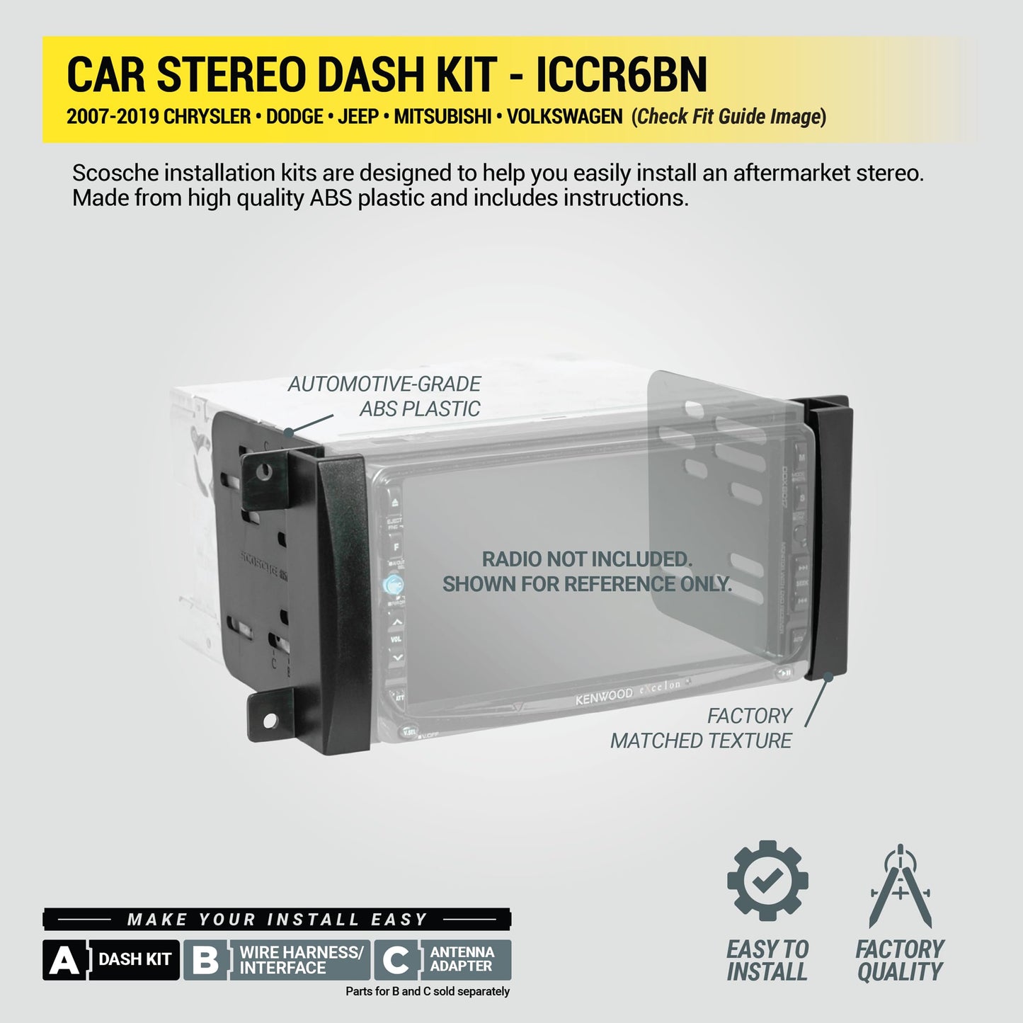 Scosche ICCR6BN Double DIN Radio Installation Dash Kit Compatible with Select 2007-2019 Chrysler, Dodge, Jeep and RAM Vehicles - Complete Aftermarket