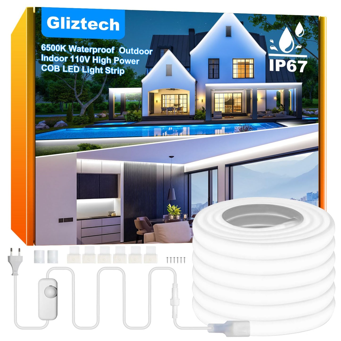 Gliztech IP67 Waterproof COB LED Strip Lights AC 110V-120V Direct Plug, 66FT Super Bright Outdoor Strip Lights with Double Fuse Controller, LED Strips