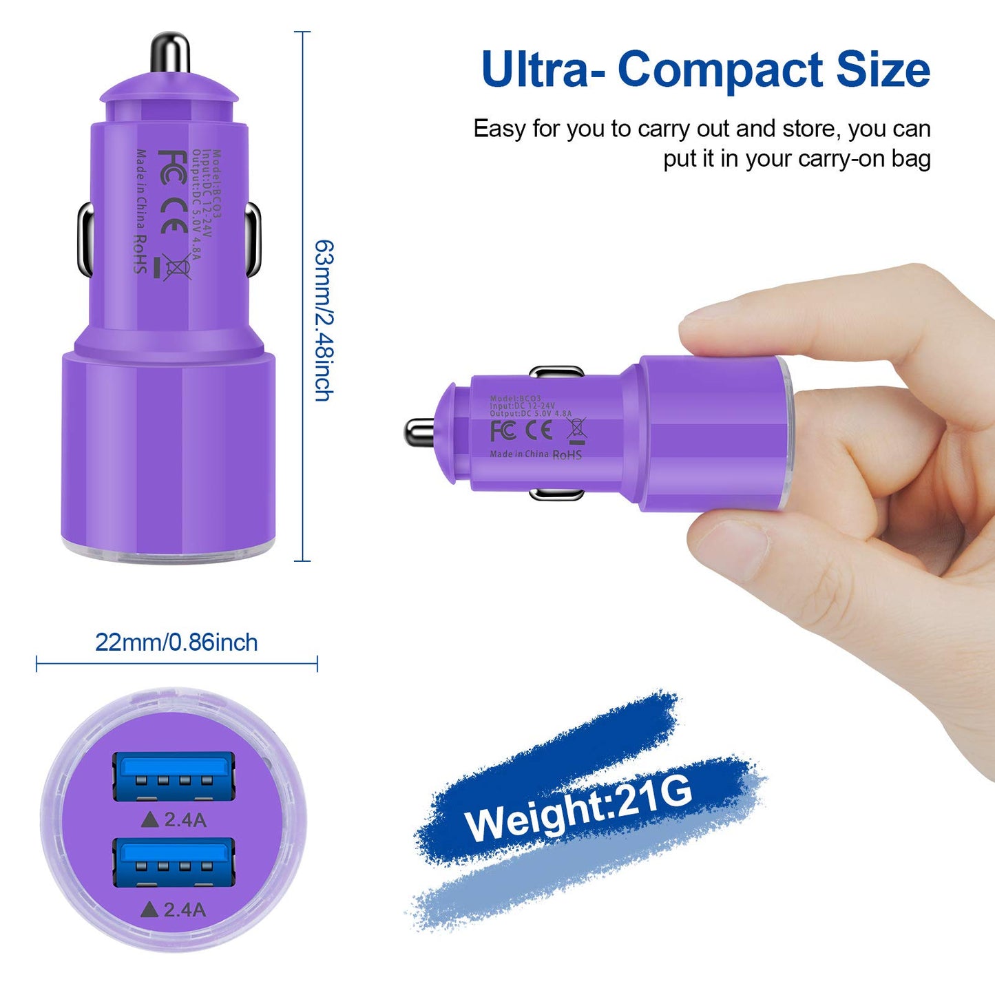 Dual 4.8A Fast Car Charger with Android Micro USB Cable for Samsung Galaxy S7 S6 J8 J7/J7V/Star/Crown/Prime/Refine J3, Note 5 4, Moto E4 E5 G4 G5 G6