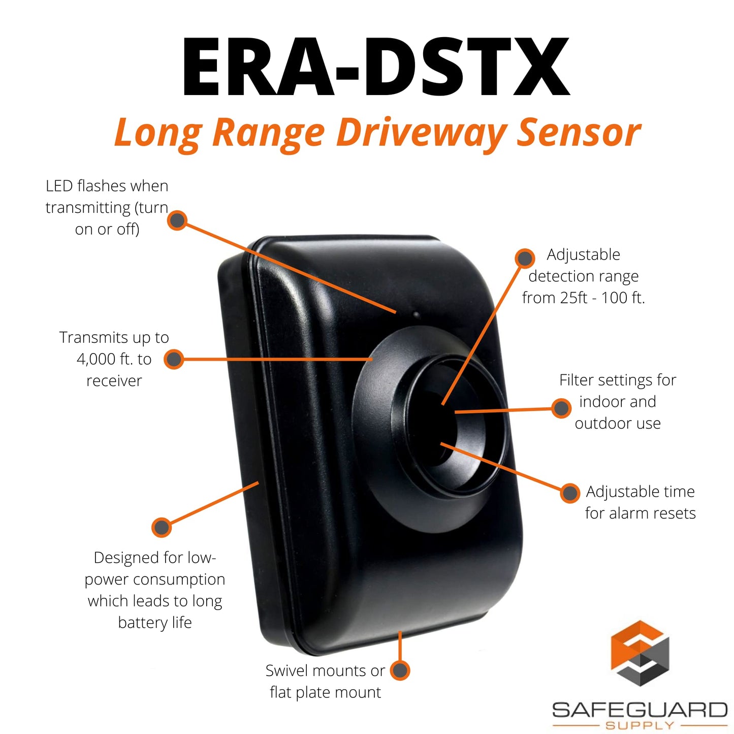 Safeguard Supply - Driveway Sensor Motion Detector, ERA-DSTX Driveway Alert Outdoor Motion Sensor Alarm, 3/4 Mile Wireless Range, for Use Only