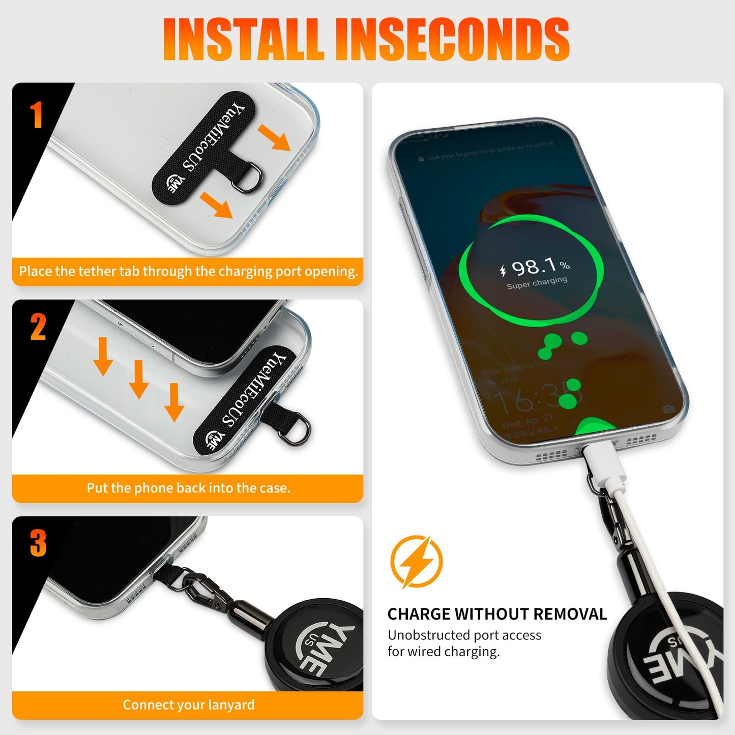 YueMiEcoUS Anti-Theft Phone Lanyard, Retractable Phone Tether,Phone Strap,Triangle Locking Carabiner Clip and Universal Phone Anchor