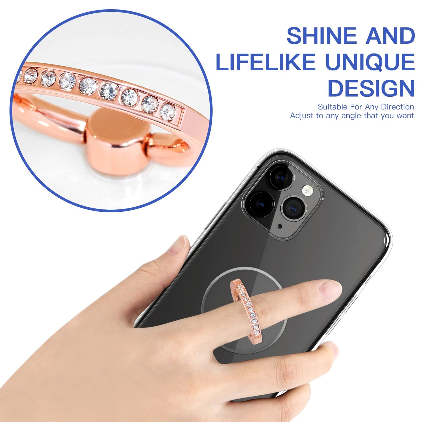 YINHEXI 2 Pcs Transparent Phone Ring Stand Holder Cell Phone Ring Holder Finger Grip 360 Degree Rotation (Rose Gold & Diamond-1)