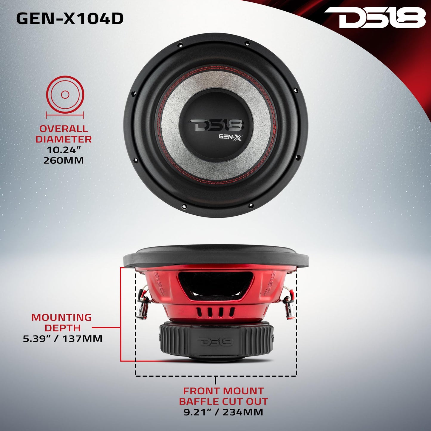 DS18 GEN-X104D Subwoofer in Black - 4 Layer Black Aluminum Voice Coil, 10", 800W Max Power, 400W RMS, Dual 4 Ohms, DVC - Powerful Car Audio Bass
