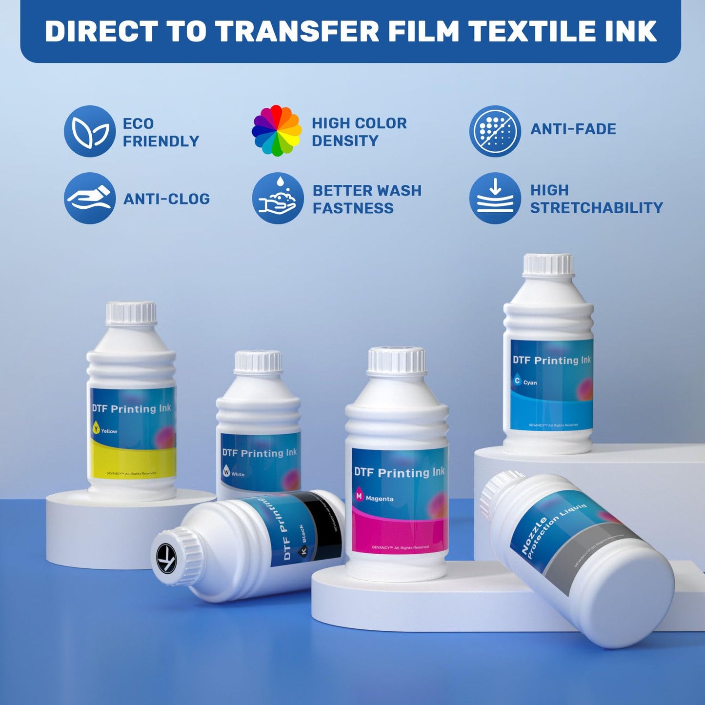 GEVANCY DTF Ink White 500ml, Upgraded Anti Sedimentation Formula Premium Transfer Ink for DTF Printer Refill Compatible with XP600 I1800 F1080 DX5 DX7