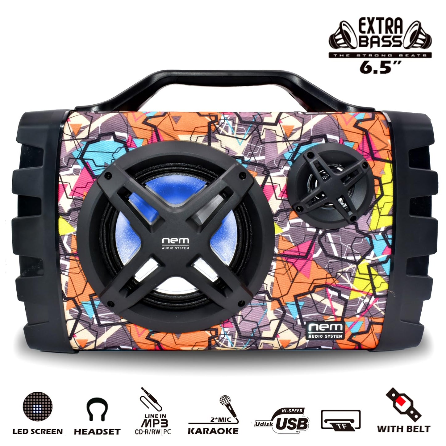 NEM Mobi7e Portable Wireless Bluetooth High Performance Stereo Speaker Extra Bass, USB Recording, Rechargeable Battery, AUX and TF Card Input, FM