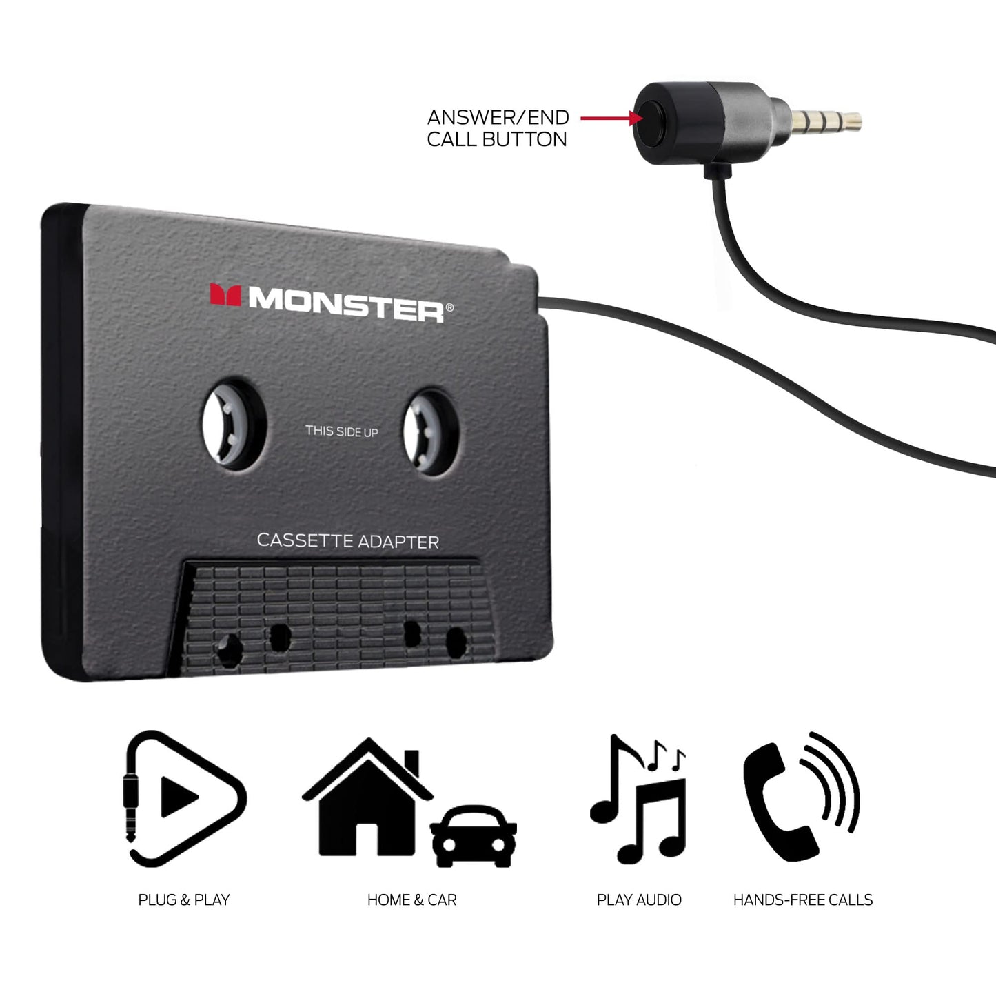 Monster Cassette to Aux Audio Adapter for Car, Compatible with Devices Featuring 3.5mm Aux Port, Music Playback, Hands-Free Calls, Xtreme Easy DIY
