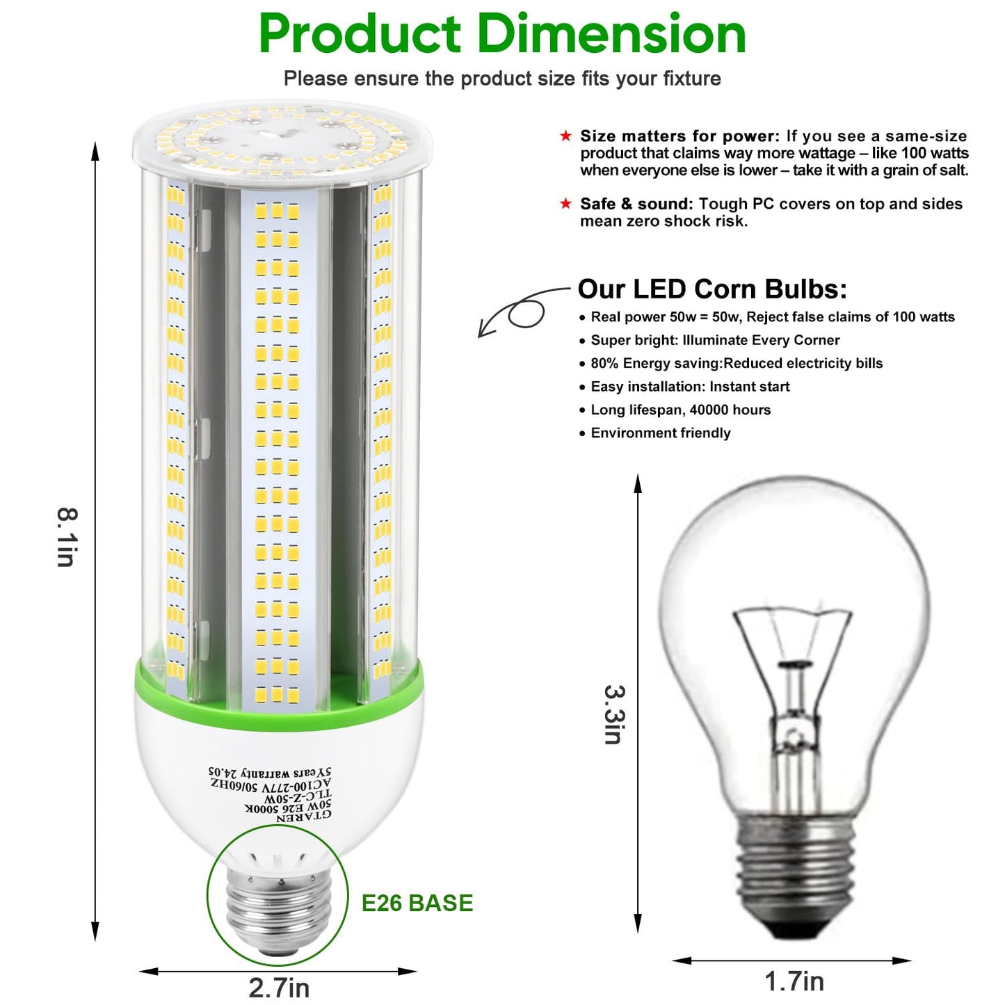 GTAREN 50W LED Corn Cob Light Bulb, 500W Equivalent, 5000K Daylight, E26/E39 Base, 7000 Lumens - Replace 175W MH/CFL, for Garage, Warehouse, Workshop