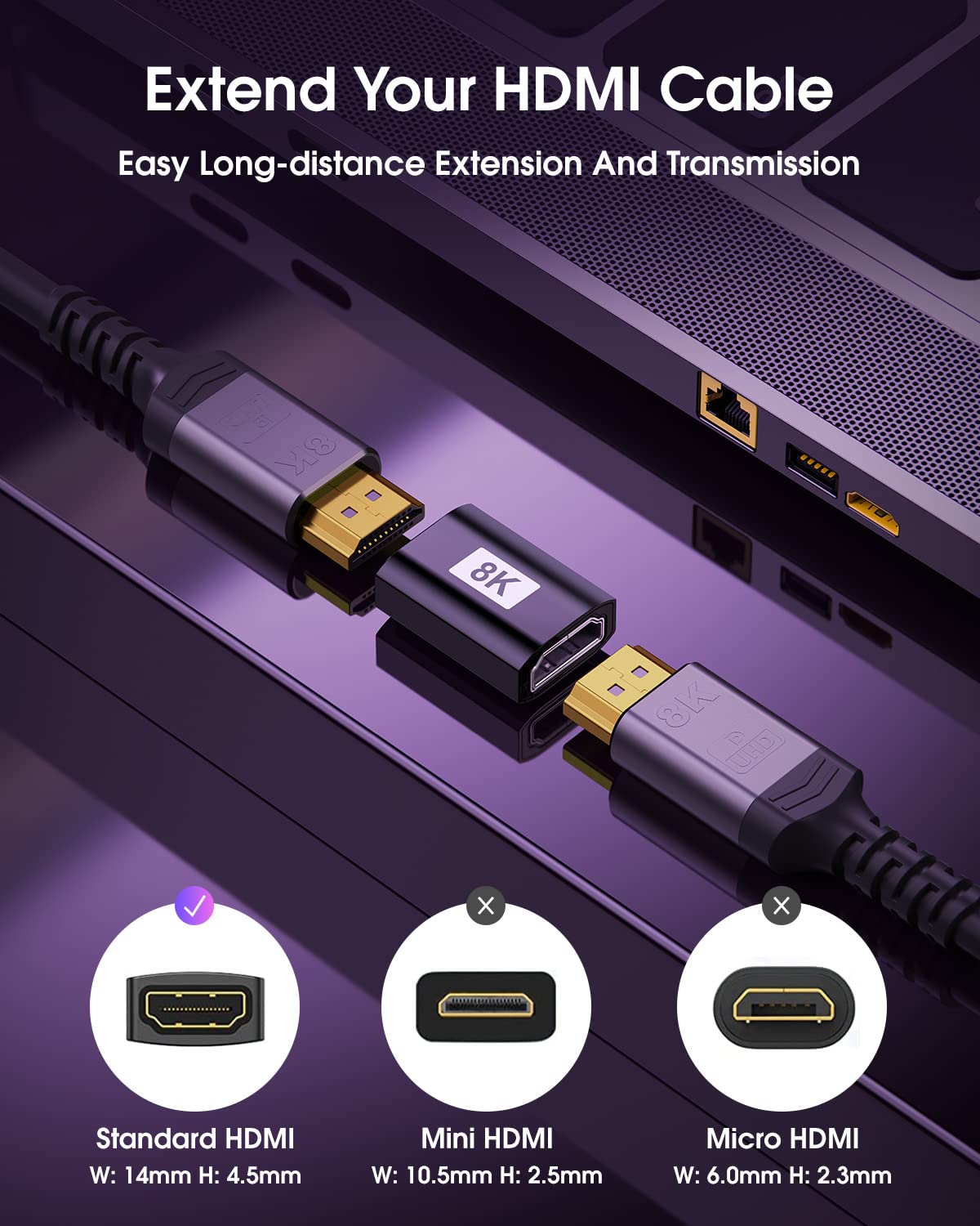 ANDTOBO HDMI Coupler 2 Pack,8K@60Hz HDMI 2.1 Female to Female Connector,HDMI Extension Adapter 3D 4K@240Hz Extender Compatible with Roku Stick, HDTV