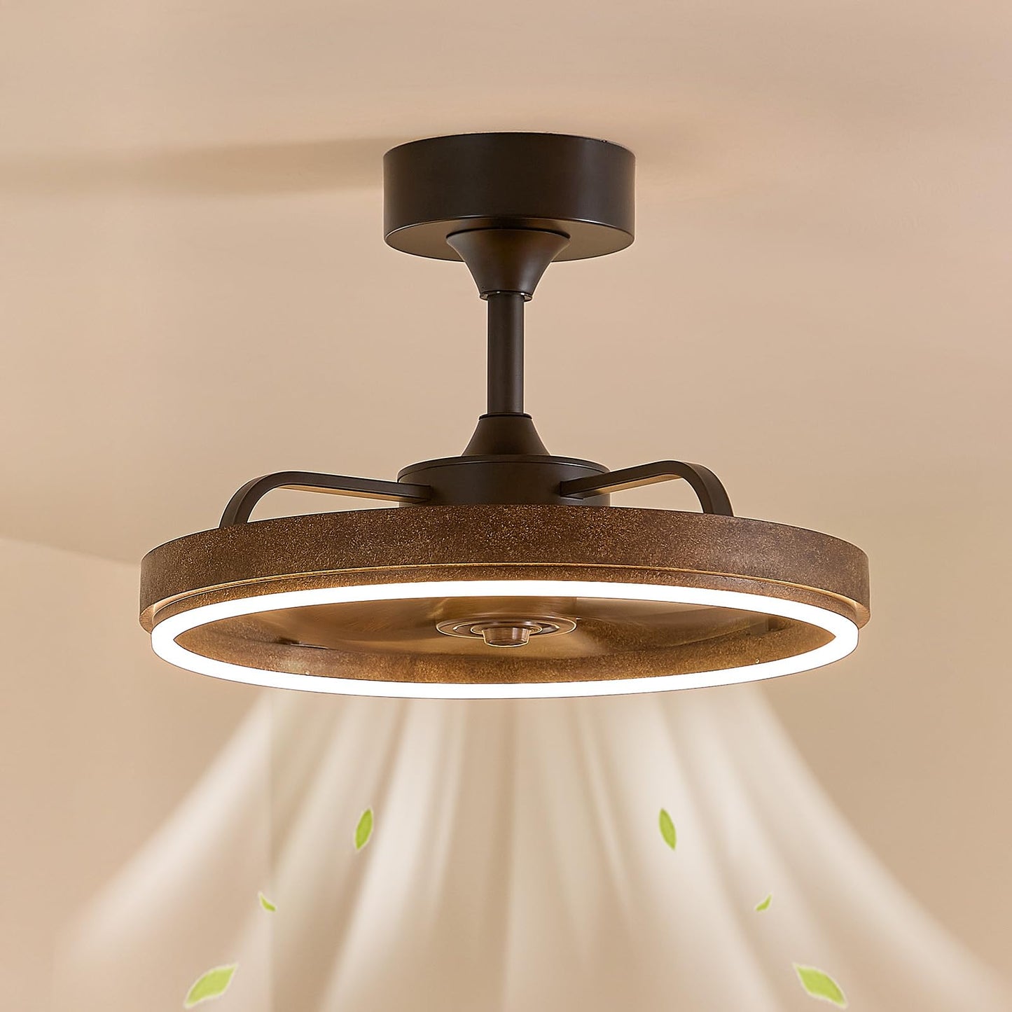 SAYTOP Farmhouse Fandelier Retro Ceiling Fan with Light, 20" Rustic Brown Dimmable LED Chandelier Ceiling Fans, Low Profile Smart Bladeless Ceiling