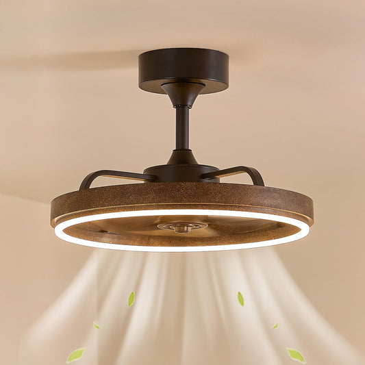 SAYTOP Farmhouse Fandelier Retro Ceiling Fan with Light, 20" Rustic Brown Dimmable LED Chandelier Ceiling Fans, Low Profile Smart Bladeless Ceiling