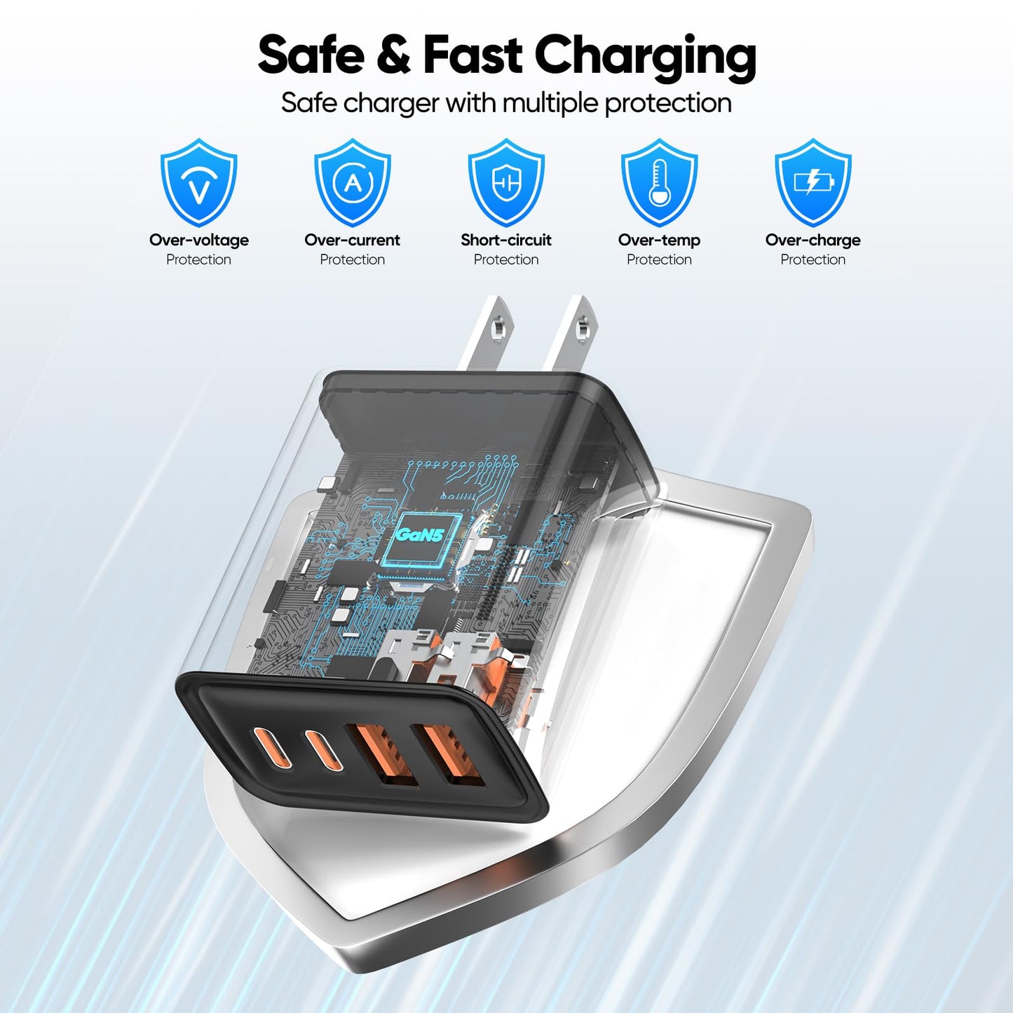 2 Pack USB C Charger Block 60W, 4-Port GaN5 Super Fast Phone Charger, Type C Charging Block PD 20W & QC 20W with 6.6FT USB C Cables for iPhone 17
