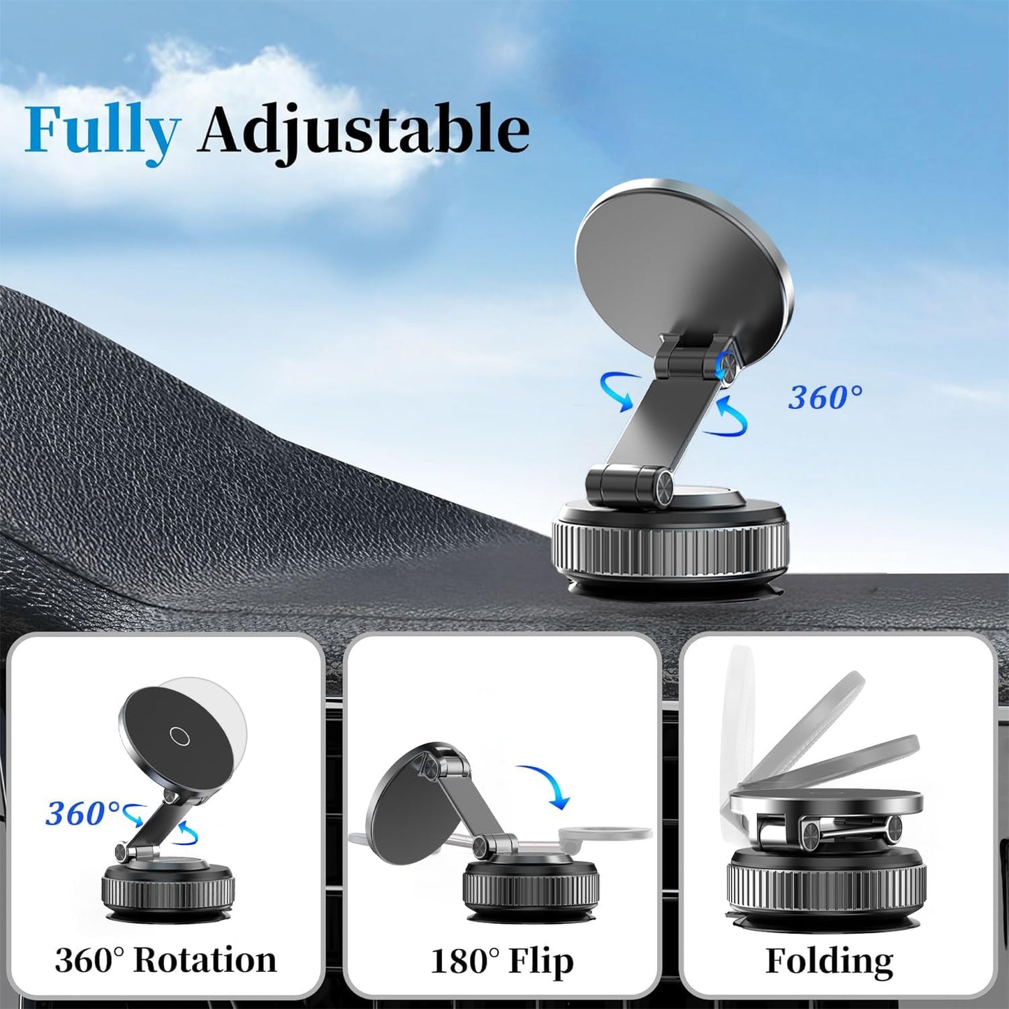lomxsy Cell Phone Car Mount for Car Accessories, [98+LBS Strongest Suction & 2800gf Magnetic] 360 Adjustable Suction Car Phone Holder