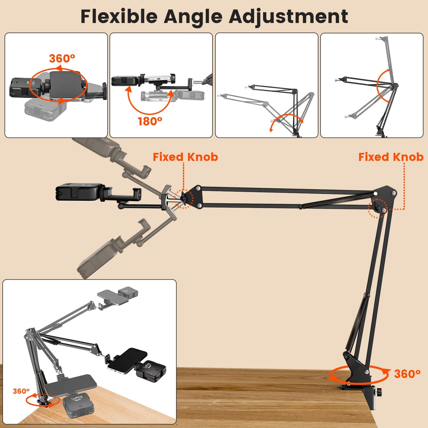 Overhead Phone Mount with LED Selfie Light and Bluetooth Remote, Rechargeable Ring Light Tripod Stand with Flexible Boom Arm, Desk Phone Holder