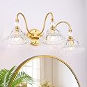 ZHUOER Modern Bathroom Vanity Light Fixtures 3 Lights Brushed Gold Vanity Lights for Bathroom with Floral Crystal Glass Shade Modern Wall Lighting