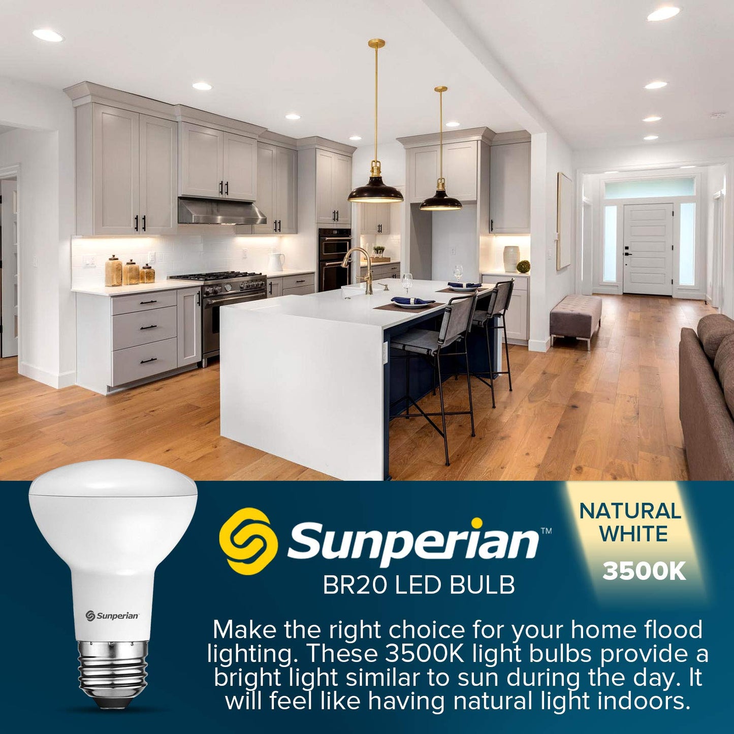 SUNPERIAN BR20 LED Bulb, 6W=50W, 3500K Natural White, 550 Lumens, Dimmable Flood Light Bulbs for Recessed Cans, Enclosed Fixture Rated, Damp Rated, UL