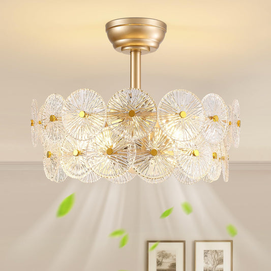 NOXARTE 20" Gold Crystal Fandelier Mid Century Gold Caged Ceiling Fan with Light and Remote Multi-Tier Flower Chandelier Fan with 6 Speeds for Living