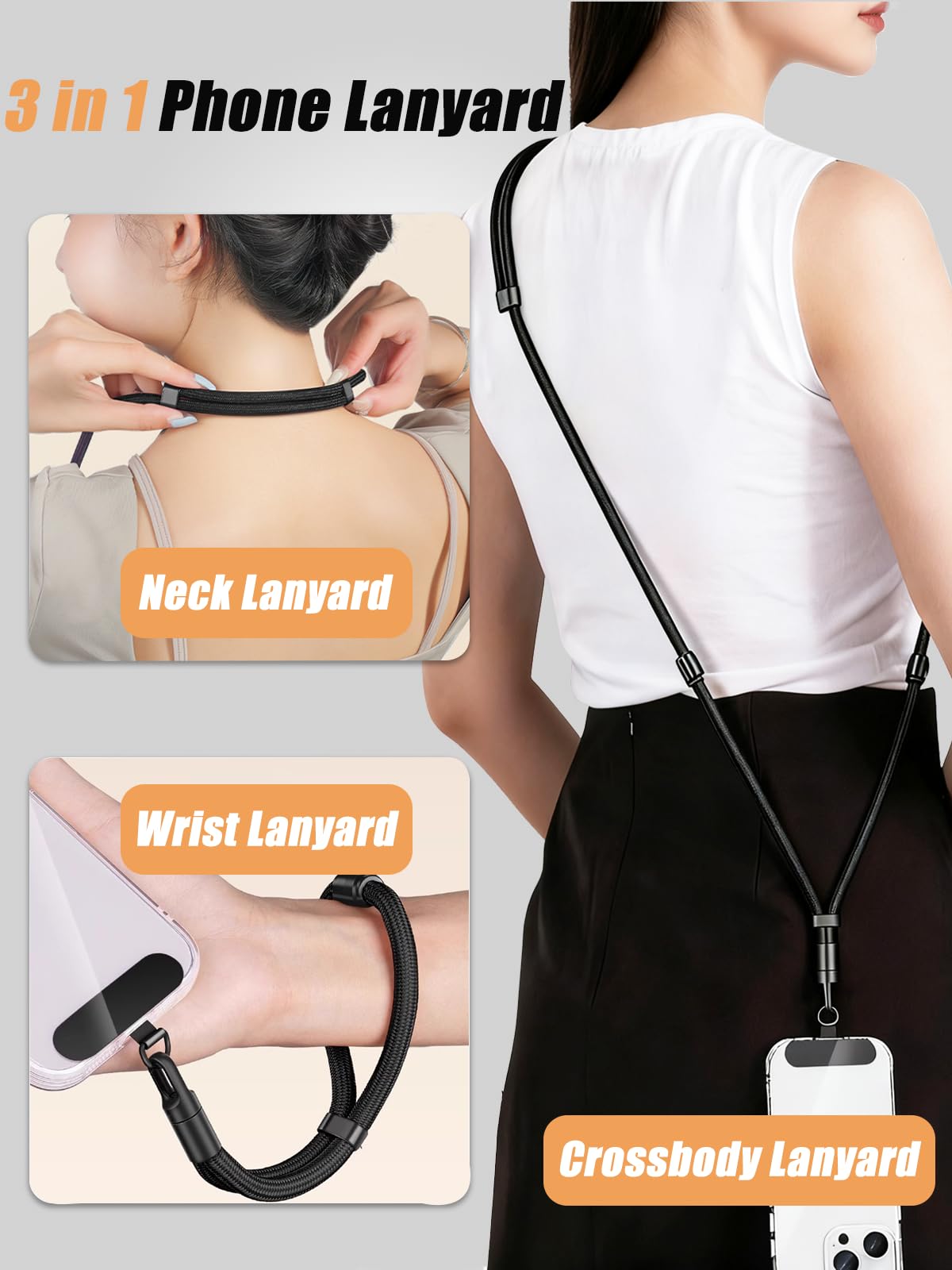 Vxhinqy 3-In-1 Phone Lanyard Crossbody,Universal Adjustable Nylon Cellphone Strap Anti Theft for Crossbody,Neck,Wrist