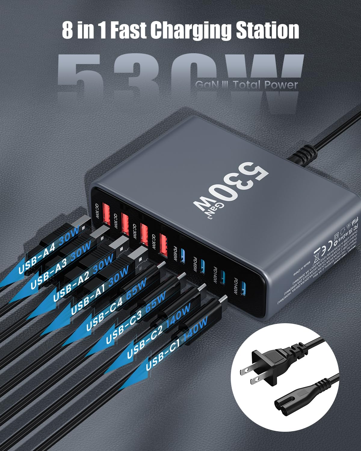 530W USB C Charger Block,8-Port USB C Charging Station GaN IV Travel Essentials Multiple Port Charging Station,140W Laptop Fast Charger Adapter