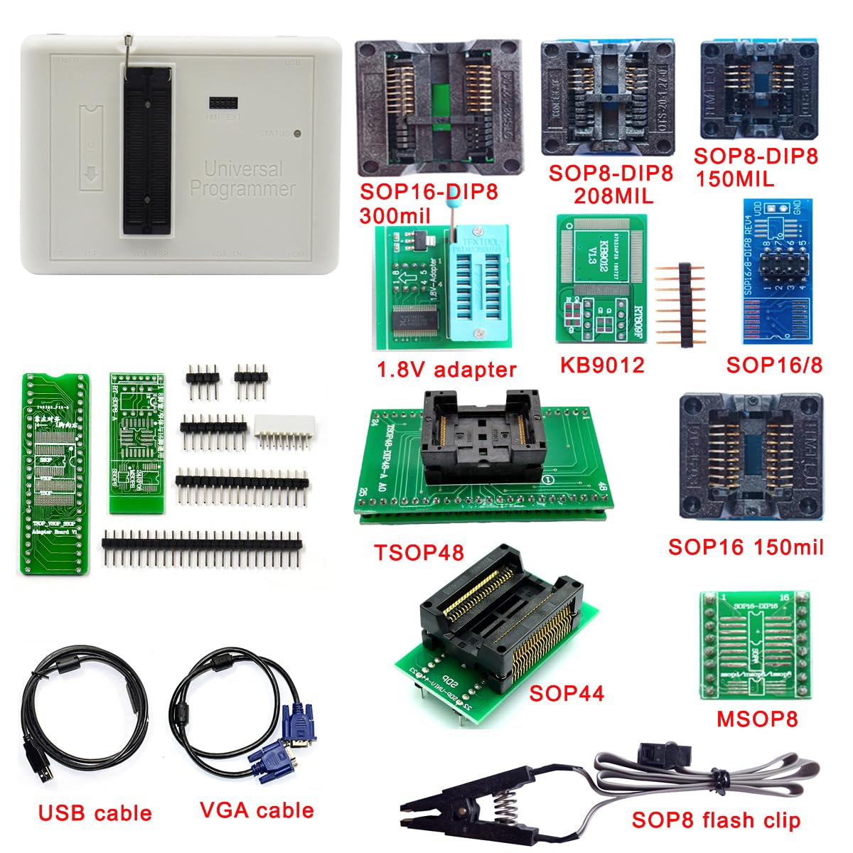 RT809H Programmer 10 Adapters EMMC-Nand Flash Extremely Fast Universal Chip Programmer Kit IC eprom Adapters with Cables ISP Cables TSOP48 TSOP56