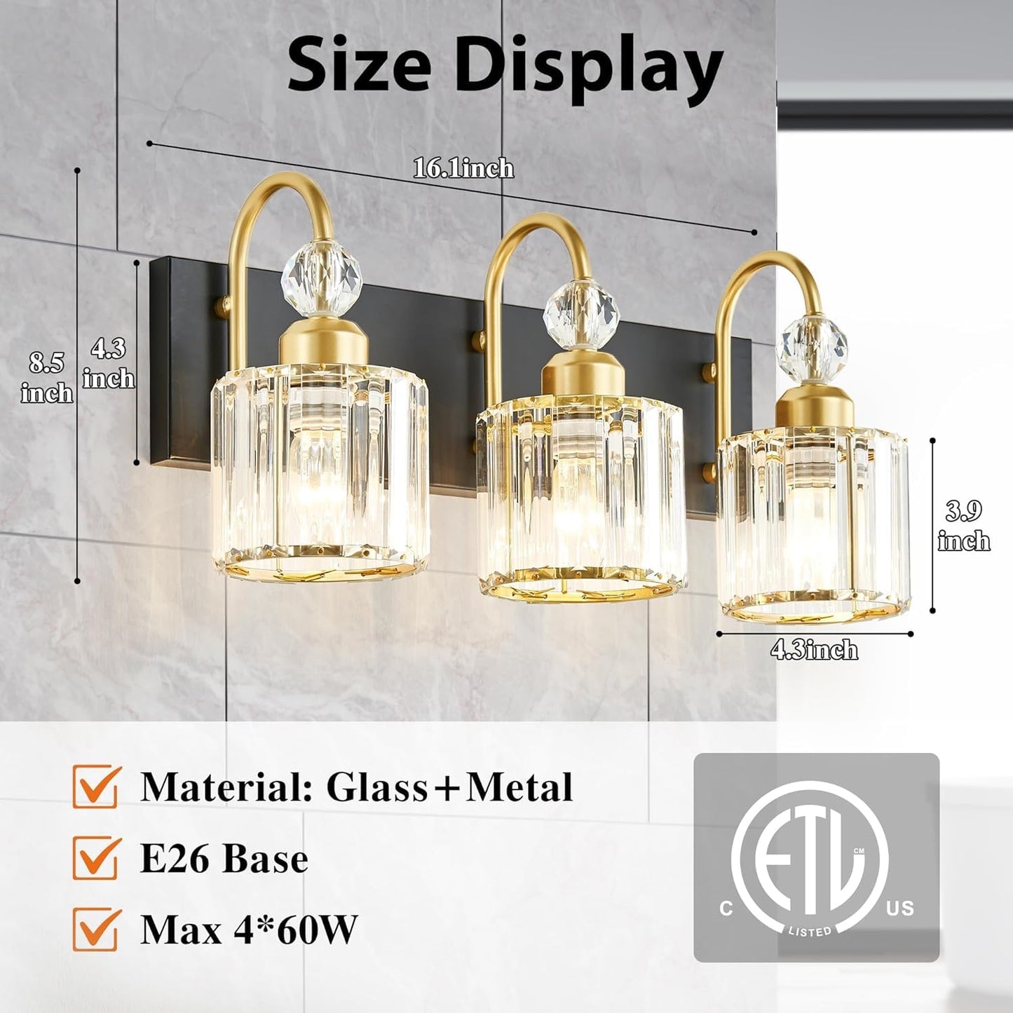 DIAMONDFORGE Bathroom Vanity Light Fixtures Over Mirror, Makeup Lighting for Modern Wall, Bath, Desk, Hallway, Farmhouse, 3 Crystal Lights, Black Gold