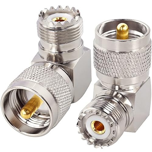 MOOKEERF PL259 Male to UHF Female Right Angle Adapter, 2-Pack UHF Male to SO239 Female L Shape 90 Degree RF Coax Connector CB Radio Connectors