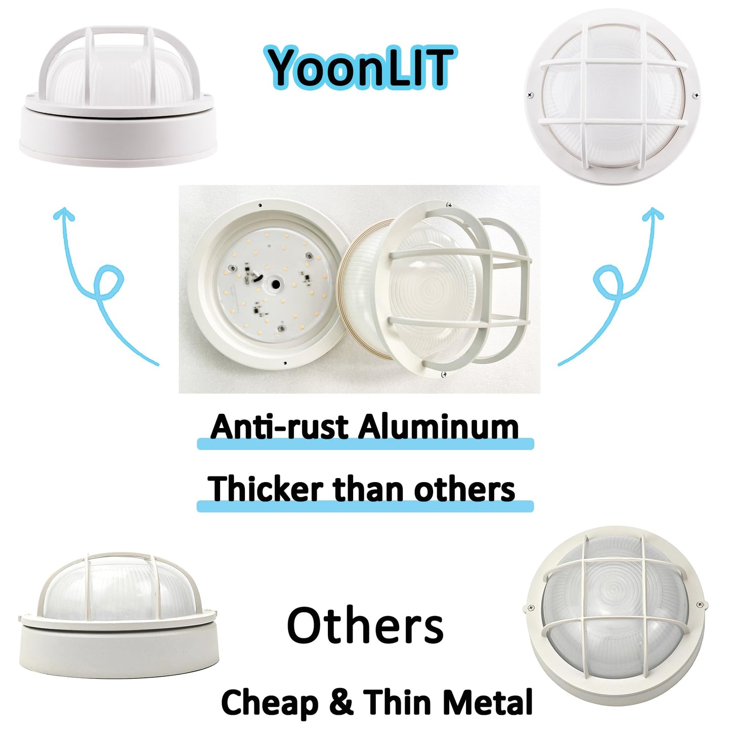 YoonLIT 8.0 inch Outdoor Round LED Bulkhead Light Fixture, Wall or Ceiling Flush Mount Waterproof, for Porch, Basement, Hallway, Balcony, 11.5W 900