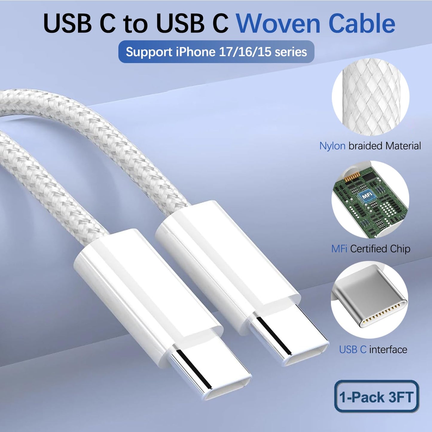 iPhone 17 16 Fast Charger,20W USB C Wall Charger Adapter with USB C Fast Woven Charging Cable for iPhone 17 Pro Max/17 Air/16e/15 Plus,iPad Pro