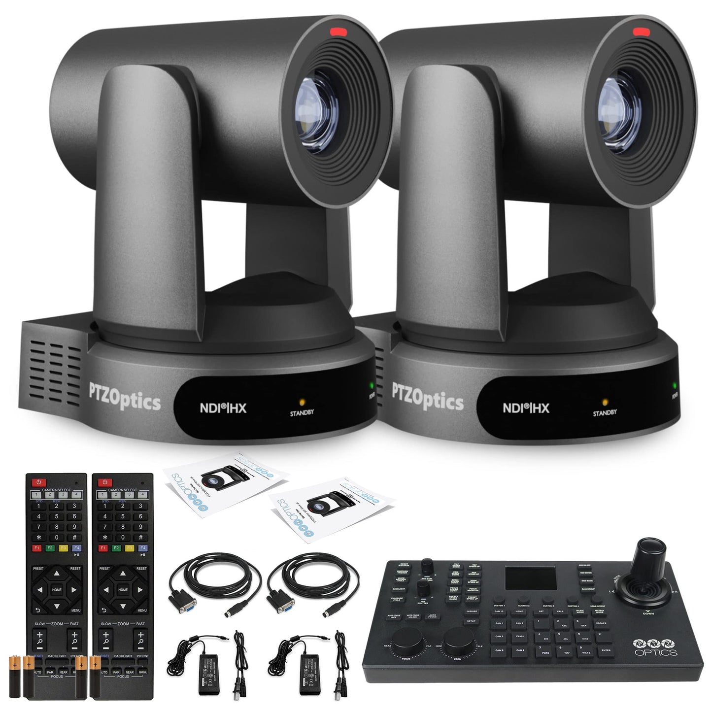 2 x PTZOptics Move 4K SDI/HDMI/USB/IP PTZ Camera with 30x Optical Zoom (Gray) (PT30X-4K-GY-G3) + PTZOptics SuperJoy PTZ Camera Joystick Controller