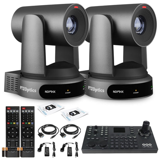 2 x PTZOptics Move 4K SDI/HDMI/USB/IP PTZ Camera with 30x Optical Zoom (Gray) (PT30X-4K-GY-G3) + PTZOptics SuperJoy PTZ Camera Joystick Controller