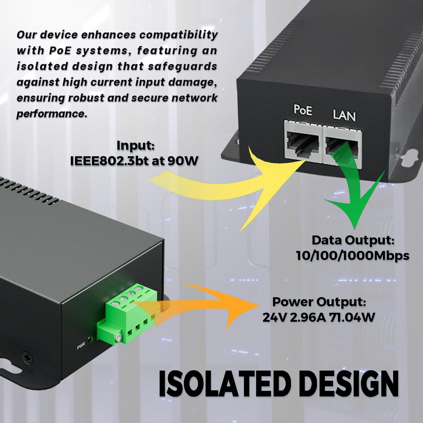 PROCET PoE System Gigabit PoE Splitter, 24V/2.96A, IEEE802.3 af/at/bt Compliant, 10/100/1000Mbps, High Power Communication Station /Wireless APs