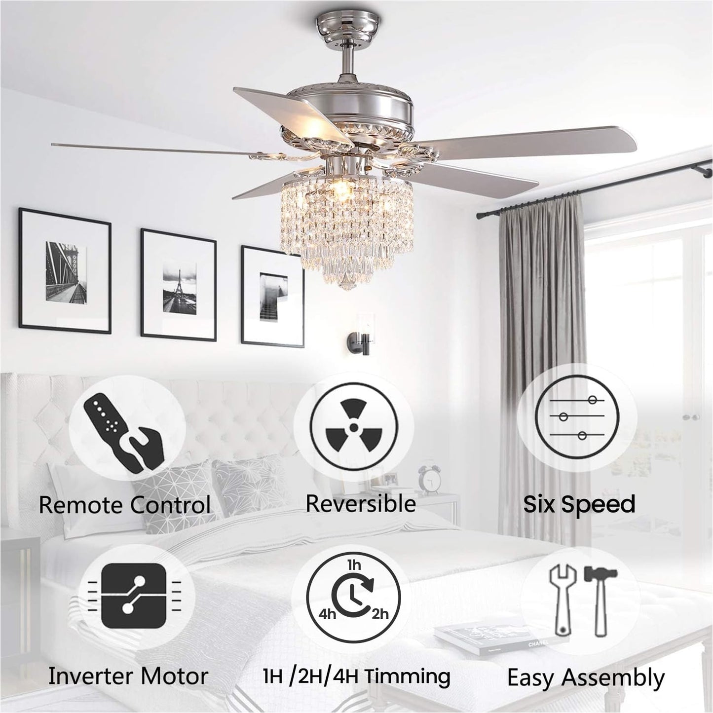 MOOONICHE 52" Modern Fandelier, Crystal Ceiling Fan with Lights and Remote, Sliver Elegant Chandelier Fan Light with 5 Wooden Dual-Sided Blades