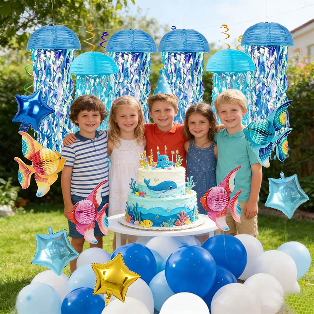 Tropical Fish Hanging Swirls Set & Hanging Jellyfish Paper Lanterns lamp.Mermaid Birthday Decorations, Under The Sea Ocean Party Decor