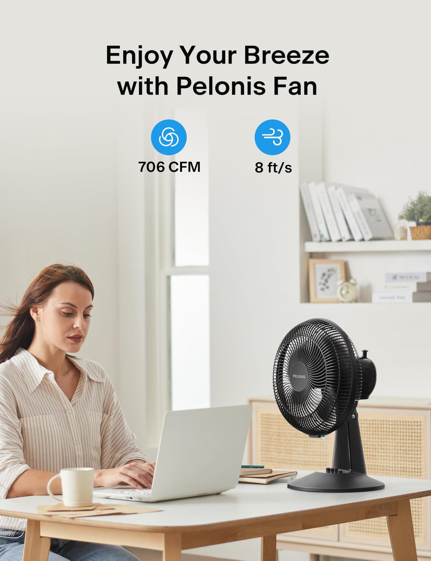 PELONIS Table Fan 12-Inch, 120° Oscillating Table Fan Small Portable Electric Plug-In Desk Fan with 3-Speeds, 126° Adjustable Tilt Head for Bedroom