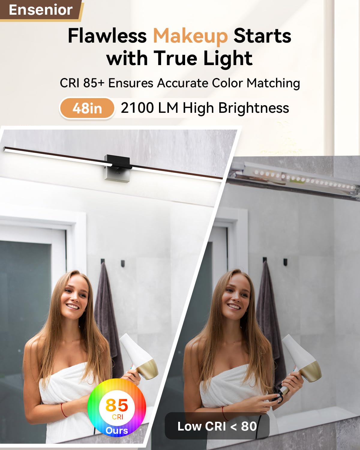 Ensenior Modern Bathroom Vanity Light 48 inch, Built-in Dimmer, 28W Dimmable 5CCT Led Bath Lights, Black Bar Vanity Lights for Bathroom Mirror