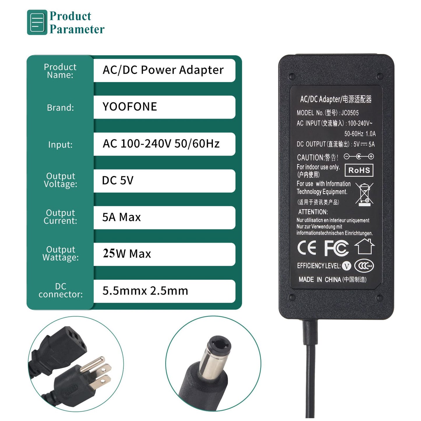 YOOFONE 5V Power Supply 5A 25W AC/DC Adapter LED Driver 100-240V AC to DC 5 Volt 5amp 4.5A 4A 3.5A 3A Converter Transformer 5.5x2.5mm Tip for WS2811…