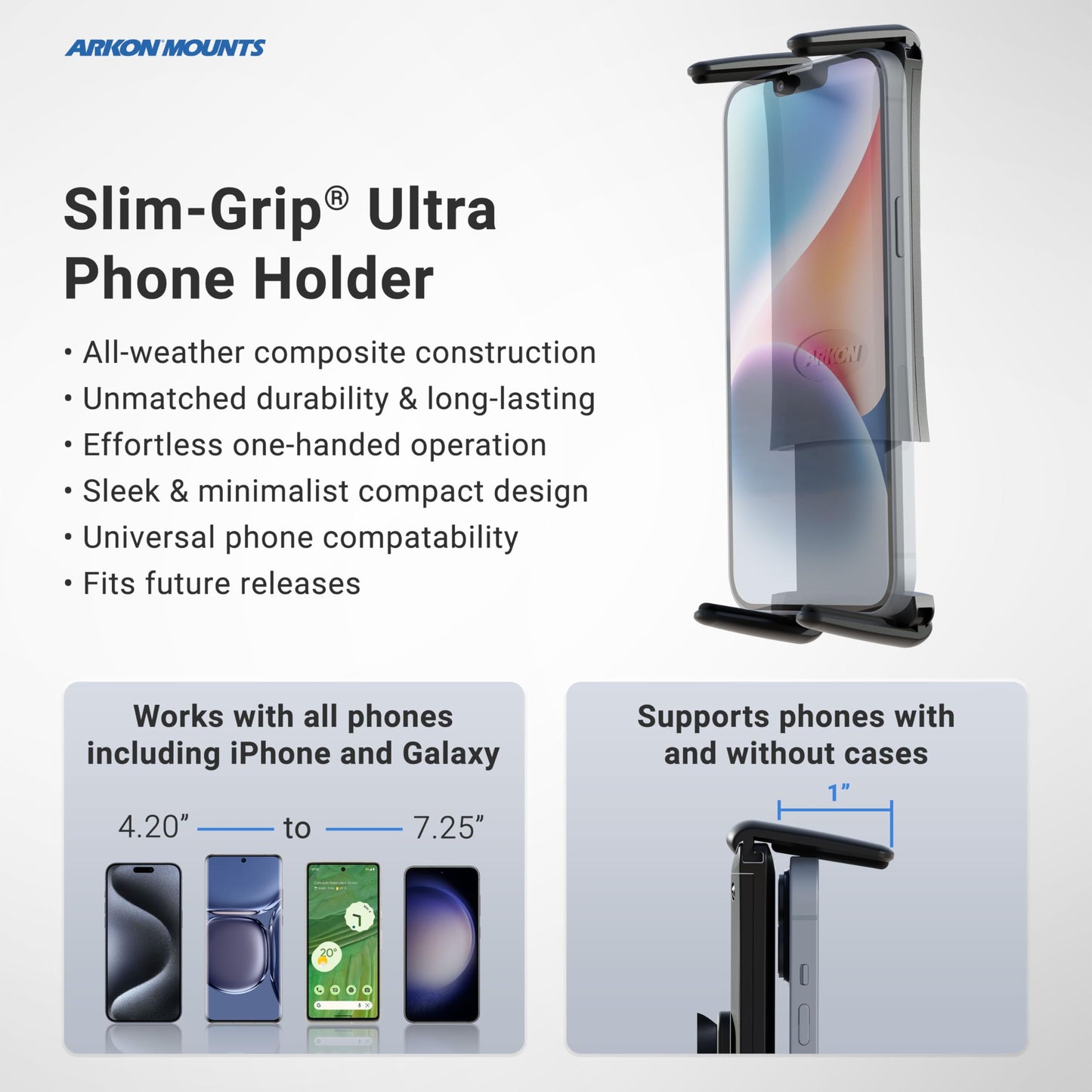 ARKON Mounts - Phone Mount for Car | Car Phone Holder With Windshield Suction | Secure spring holder expands up to 7.25 inches | For iPhone, Samsung