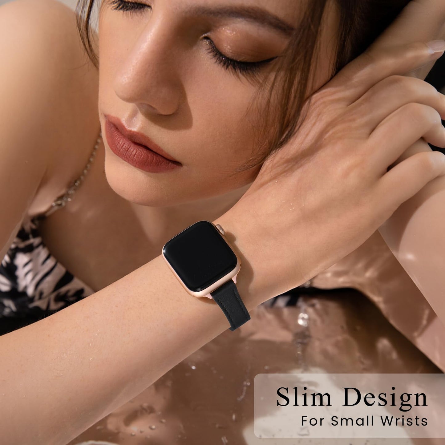 STIROLL Slim Leather Bands Compatible with Apple Watch Band 38mm 40mm 41mm 42mm(Series 11 10), Top Grain Leather Watch Thin Wristband for iWatch SE 9