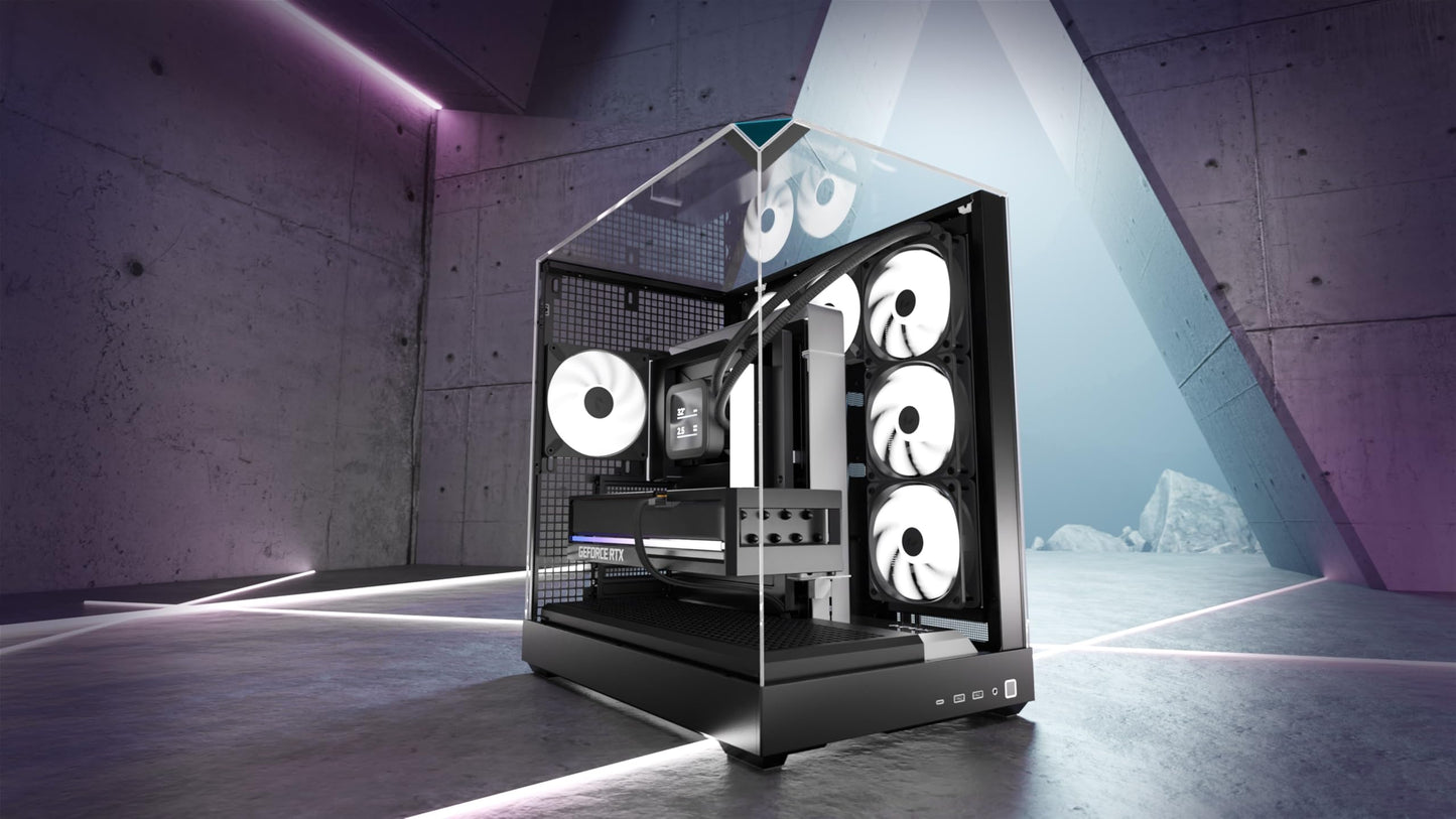APNX V2 Black ATX Case - X-Pand Flow Dual Airflow, 3-Side Tempered Glass, 360mm AIO & Reverse BTF Motherboard Support, 4×140mm Fans, 160mm Fan Slots