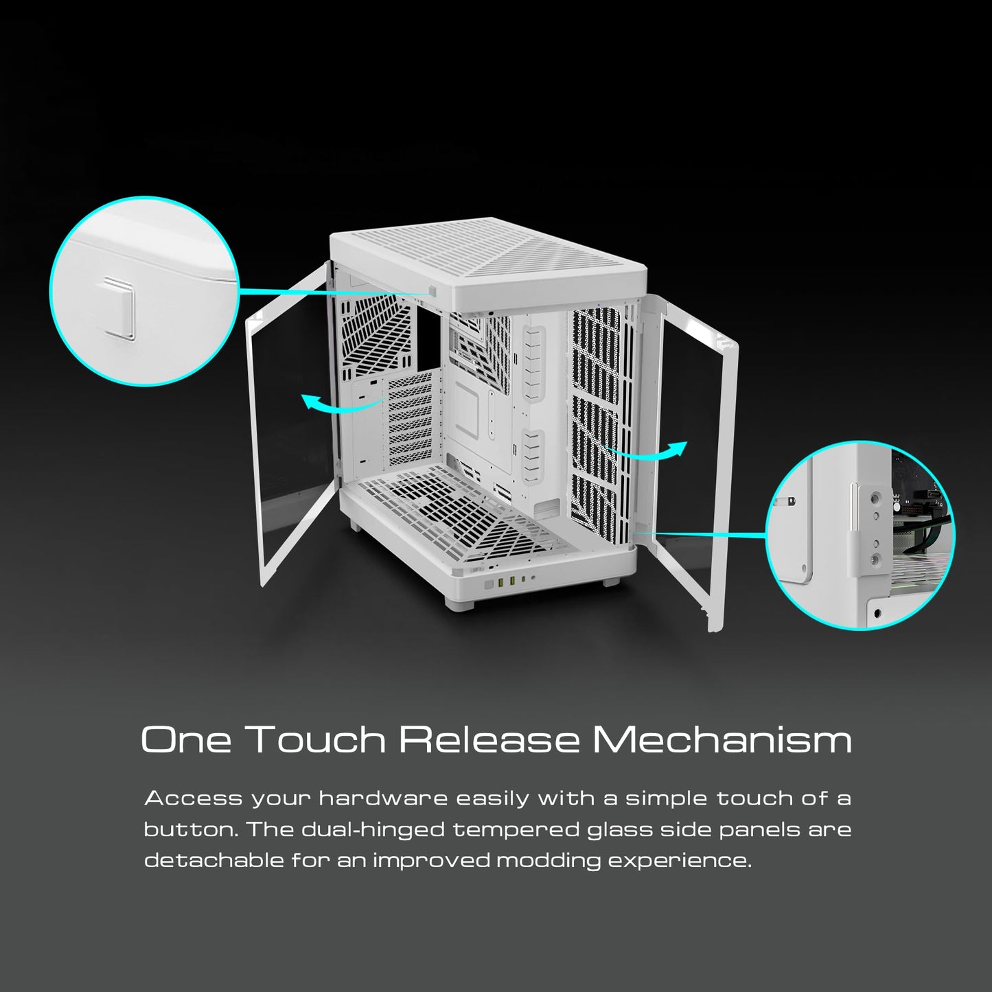 GAMDIAS RGB Dual-Chamber Tempered Glass Gaming PC Case, 2-Way Standing w/Vertical & Horizontal Orientaton & One-Touch Open Computer Case Support 420mm