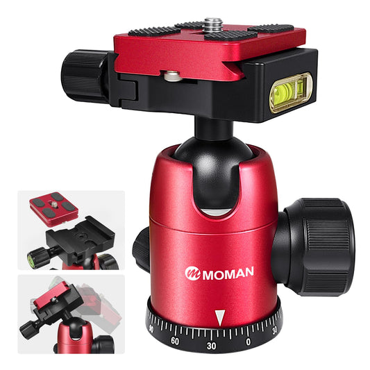 Moman Camera Tripod Head Universal Ball Head with Quick Release Plate for DSLR Canon Nikon, Anodic Oxide Film of CNC Aluminum, 360° Panning, Max Load