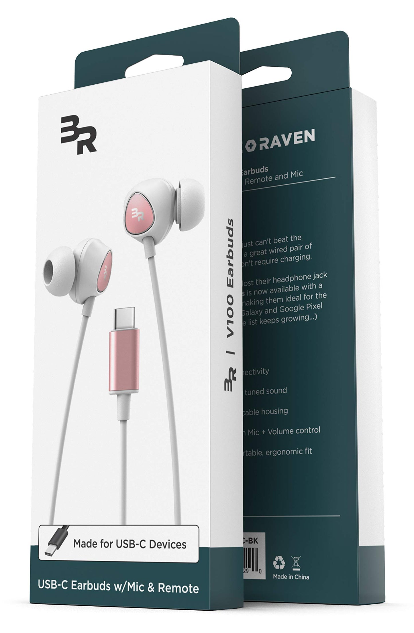 Bolle & Raven USB-C Headphones with Mic, in-Ear Wired Earphones with Inline Remote + Microphone for Type-C Phones Including Pixel 6/7/8 Pro, Galaxy