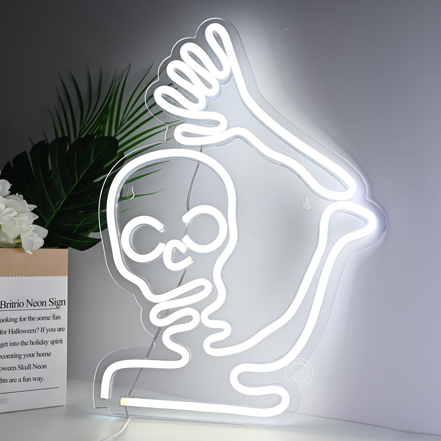 Britrio Skull Halloween Decoration LED Neon Sign Skeleton Wall Art Decor Light for Window Entryway Front Porch Door Bedroom Home Party Supply Kids