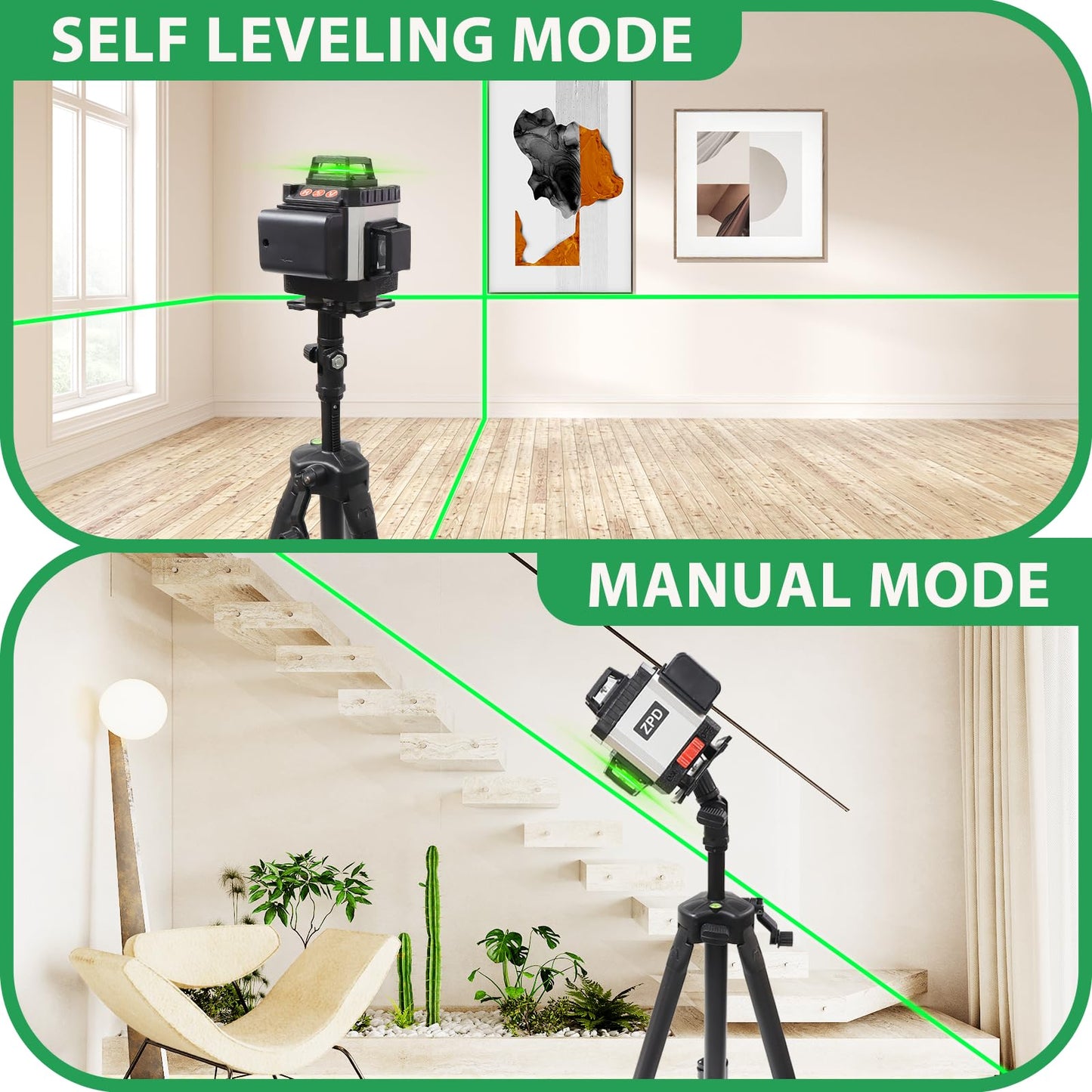 Laser Level, ZPD Laser Level with Tripod, 4 x 360 Self Leveling Laser Measuring Tool Green Lazer Level 16 Line Level Laser 360 Self Leveling